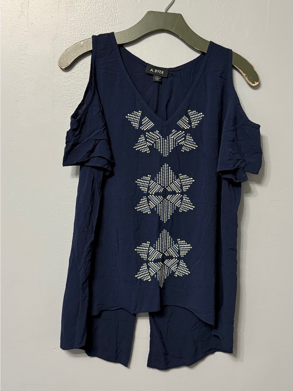 #17) A. Byer Navy Cold-Shoulder V-Neck Top with Embellished Geometric Motifs